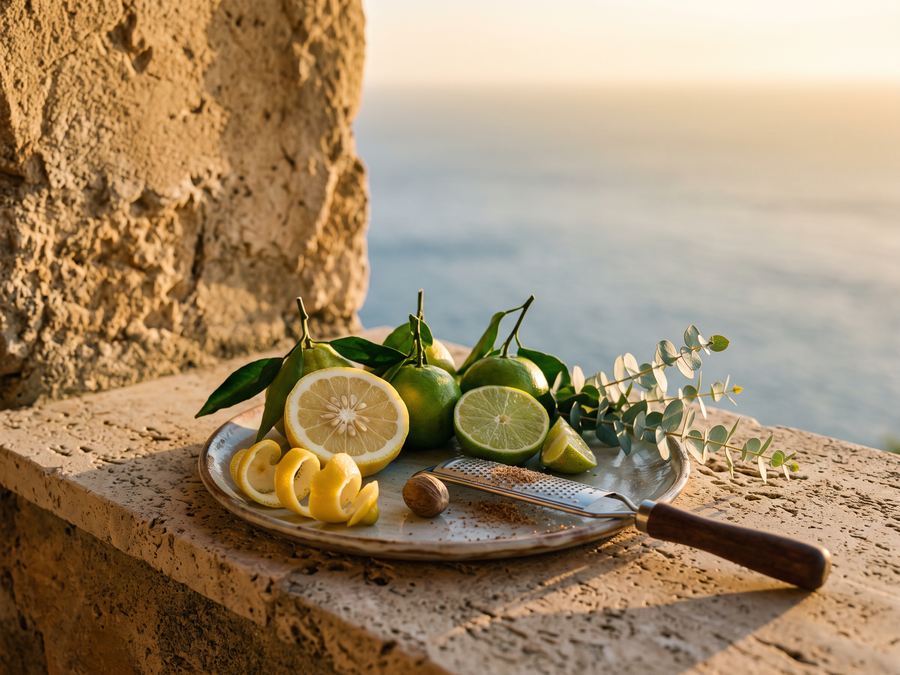 Bergamot, zelené mandarínky, citrónová kôra a muškátový oriešok na travertíne nad morom