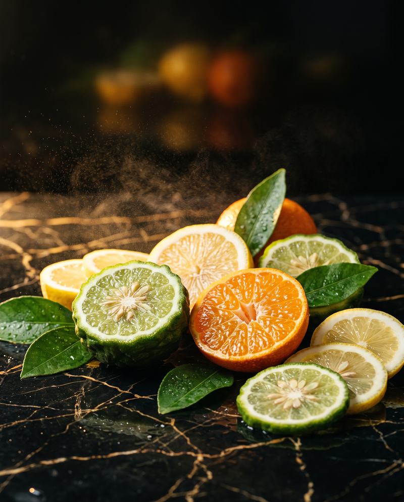 Rozkrojený bergamot, citrón a mandarínka na čiernom mramore