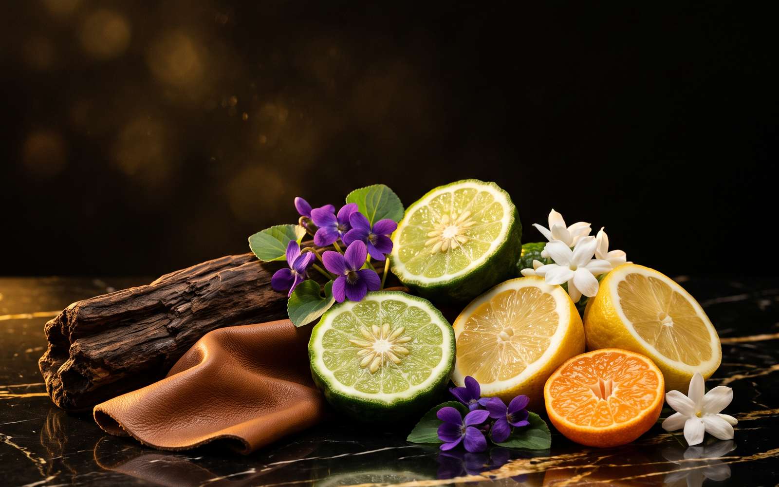 Bergamot, citrón, fialky, jazmín, koža a drevo na čiernom mramore so zlatými žilkami