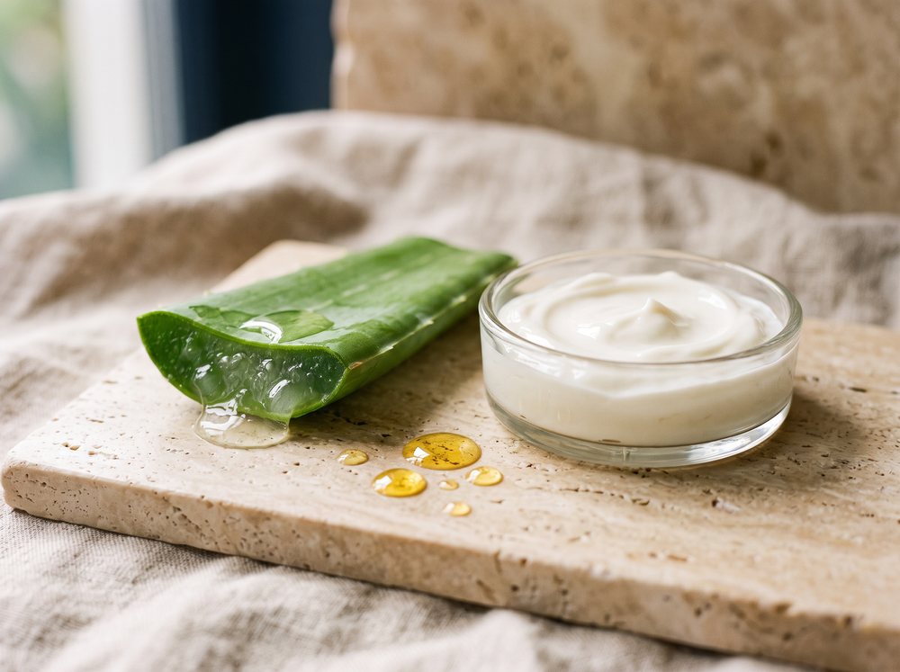 List aloe vera s gélom, kvapky vitamínu E a krémová miska na travertíne