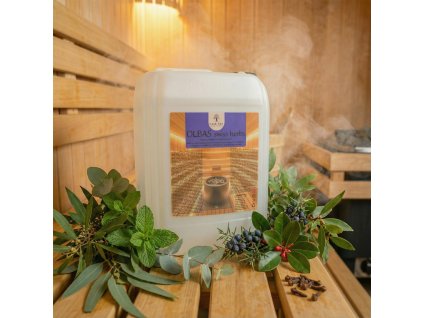 Generated with Kive.ai close up photo steam room essence 5L canister OLBAS swiss herbs surrounded with lots of swiss herbs used for making OLBAS remedy resized Photoroom