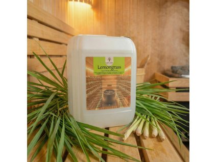 Generated with Kive.ai close up photo steam room essence 5L canister Lemongrass surrounded with lots of lemongrass leaves resized Photoroom