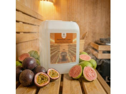 Generated with Kive.ai close up photo steam room essence 5L canister Passionfruit & Guava surrounded with plenty of juicy passionfruits and guavas resized Photoroom