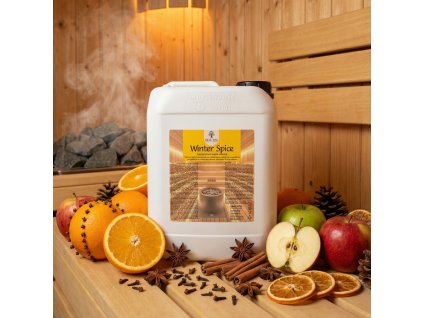 Generated with Kive.ai close up photo steam room essence 5L canister Winter spice surrounded with lots of winter spices like apples cloves oranges cinnamon etc. resized Photoroom