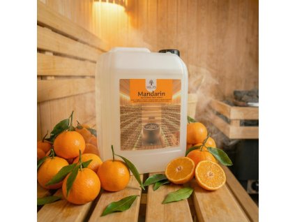 Generated with Kive.ai close up photo steam room essence 5L canister Mandarin surrounded with lots of juisy mandarins resized Photoroom