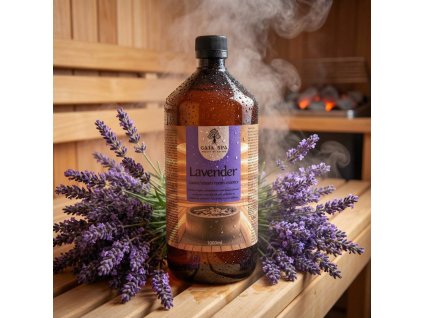 Generated with Kive.ai close up photo steam room essence 1L bottle Lavender surrounded with lots of beautiful lavender flowers resized Photoroom