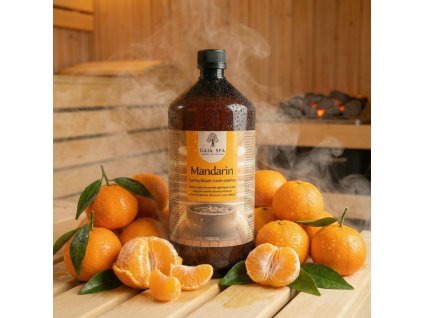 Generated with Kive.ai close up photo steam room essence 1L bottle Mandarin surrounded with lots of juisy mandarins resized Photoroom