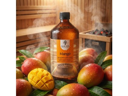 Generated with Kive.ai close up photo steam room essence 1L bottle Mango surrounded with lots of juicy mangos resized Photoroom