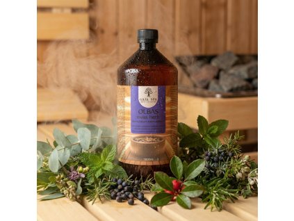 Generated with Kive.ai close up photo steam room essence 1L bottle OLBAS swiss herbs surrounded with lots of swiss herbs used for making OLBAS remedy resized Photoroom