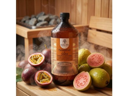 Generated with Kive.ai close up photo steam room essence 1L bottle Passionfruit & Guava surrounded with lots of juicy passionfruits and guavas resized Photoroom
