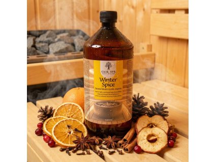 Generated with Kive.ai close up photo steam room essence 1L bottle Winter spice surrounded with lots of winter spices like apples cloves oranges cinnamon etc. resized Photoroom