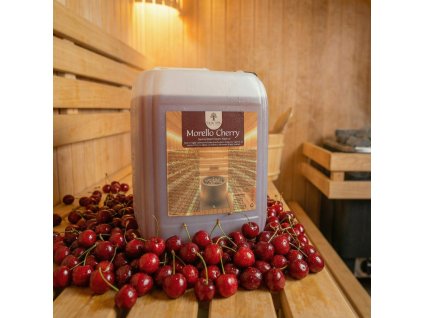 Generated with Kive.ai close up photo steam room essence 5L canister Morello cherry surrounded with lots of juicy red morello cherries resized Photoroom