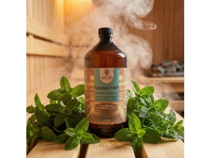 Generated with Kive.ai close up photo steam room essence 250ml bottle Nepalese mint surrounded with lots of mint leaves (1) resized 1 Photoroom