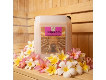 Generated with Kive.ai close up photo steam room essence 5L canister Frangipani surrounded with lots of flowers frangipani resized Photoroom