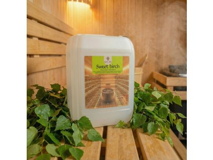 Generated with Kive.ai close up photo steam room essence 5L canister Sweet birch surrounded with lots of sweet birch leaves resized Photoroom