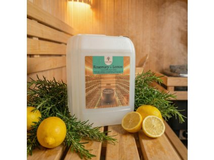 Generated with Kive.ai close up photo steam room essence 5L canister Rosemary & Lemon surrounded with lots of rosemary and lemons resized Photoroom