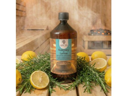 Generated with Kive.ai close up photo steam room essence 1L bottle Rosemary & Lemon surrounded with lots of rosemary and lemons resized Photoroom