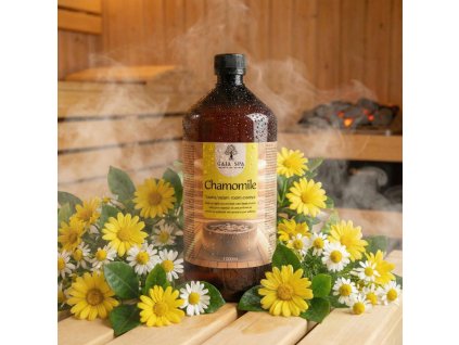 Generated with Kive.ai close up photo steam room essence 1L bottle Chamomile surrounded with lots of chamomile flowers resized Photoroom