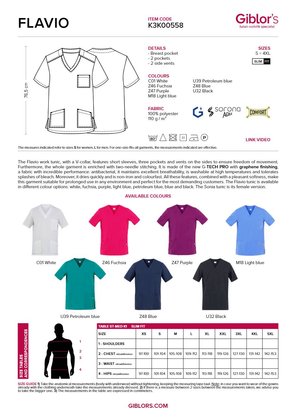 Pánska tunika FLAVIO – technický list Giblor's K3K00558