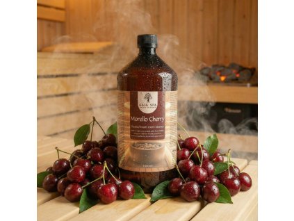 Generated with Kive.ai close up photo steam room essence 1L bottle Morello cherry surrounded with lots of juicy red morello cherries resized Photoroom