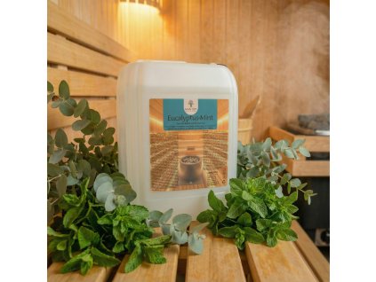 Generated with Kive.ai close up photo steam room essence 5L canister Eucalyptus Mint surrounded with lots of eucalyptus and mint leaves resized Photoroom