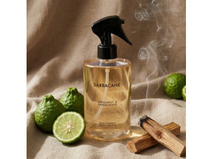 Generated with Kive.ai close up photo of this 400ml spray on textile surrounded with bergamont and smoking santalwood resized