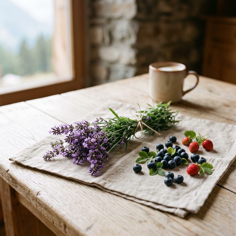 Lavendelstrauß mit Waldheidelbeeren und Erdbeeren auf einer Leinenserviette