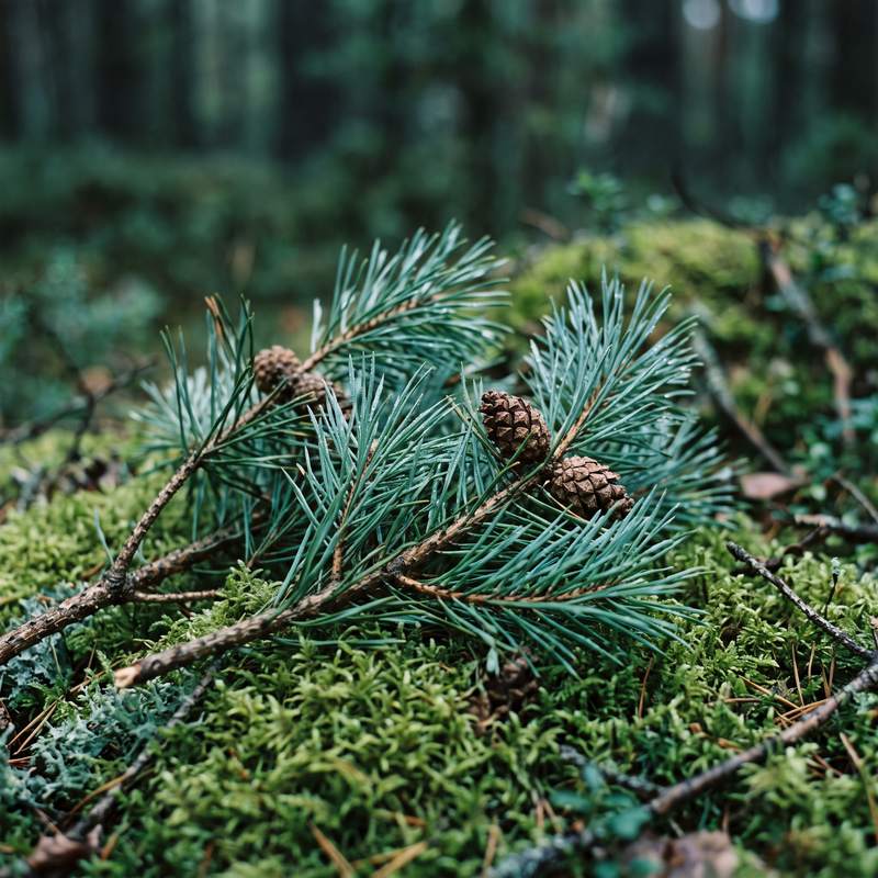 Waldkiefernzweige mit Zapfen auf Moos mit Tautropfen