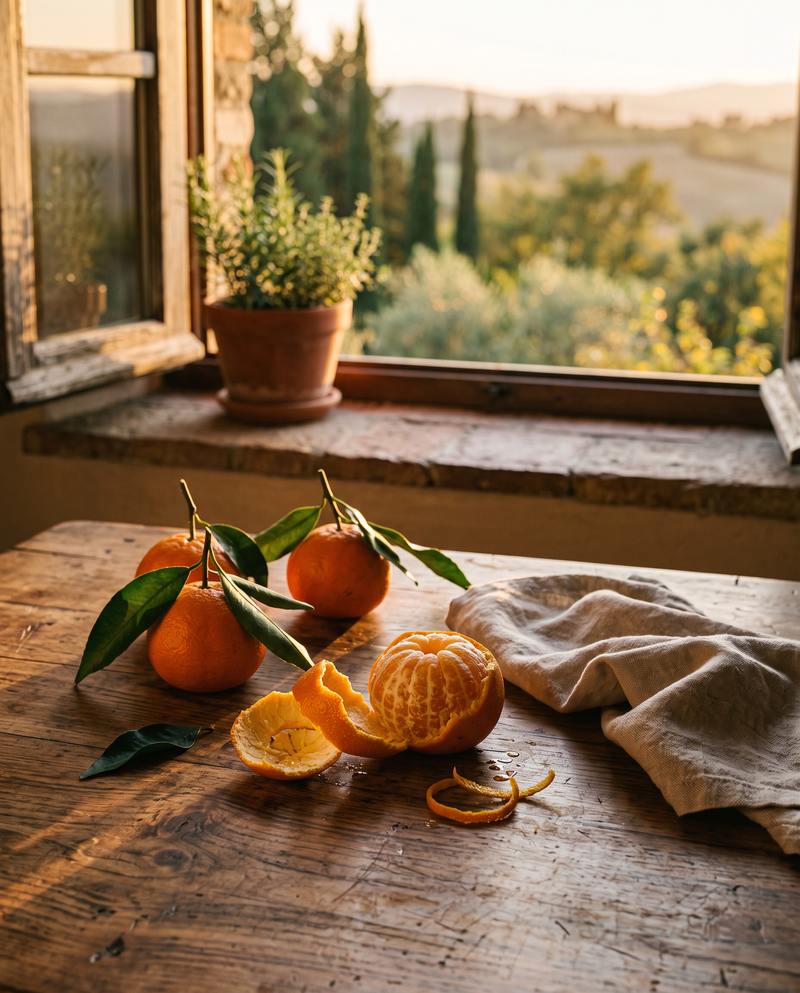 Geschälte Mandarine auf einem Holztisch am offenen Fenster