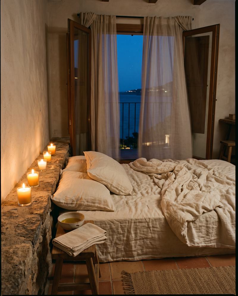 Intimes Hotelschlafzimmer am Abend mit Kerzen und einer Schale Massageöl