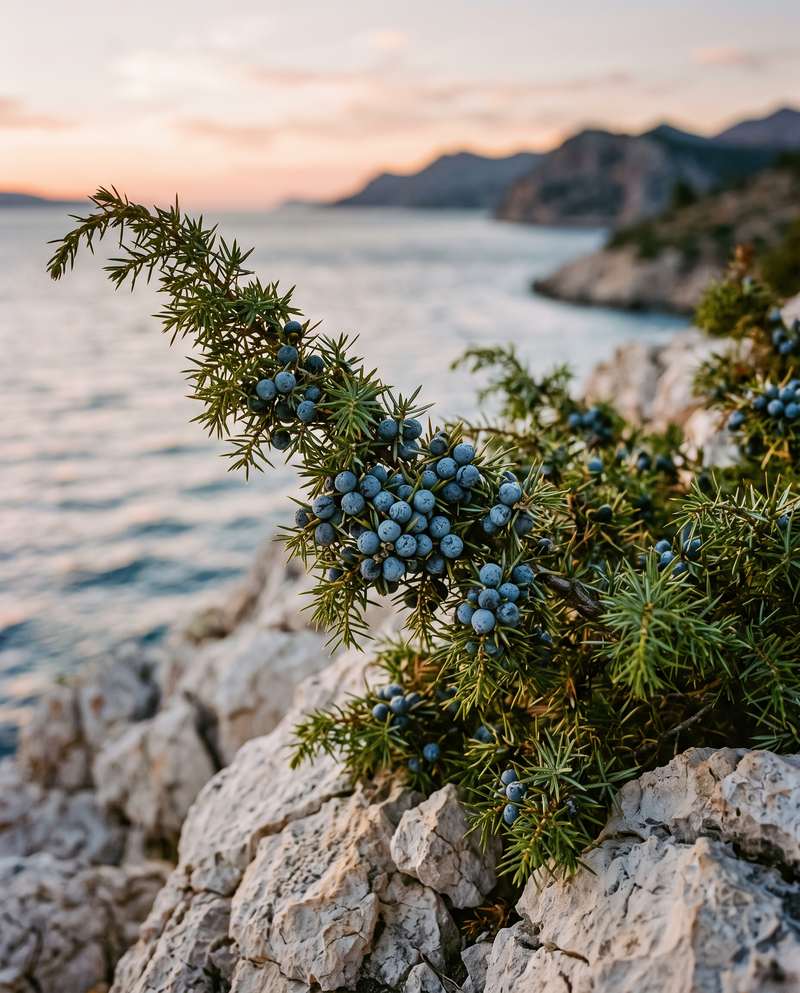 Wacholderzweig mit blauen Beeren auf Kalkfelsen am Meer