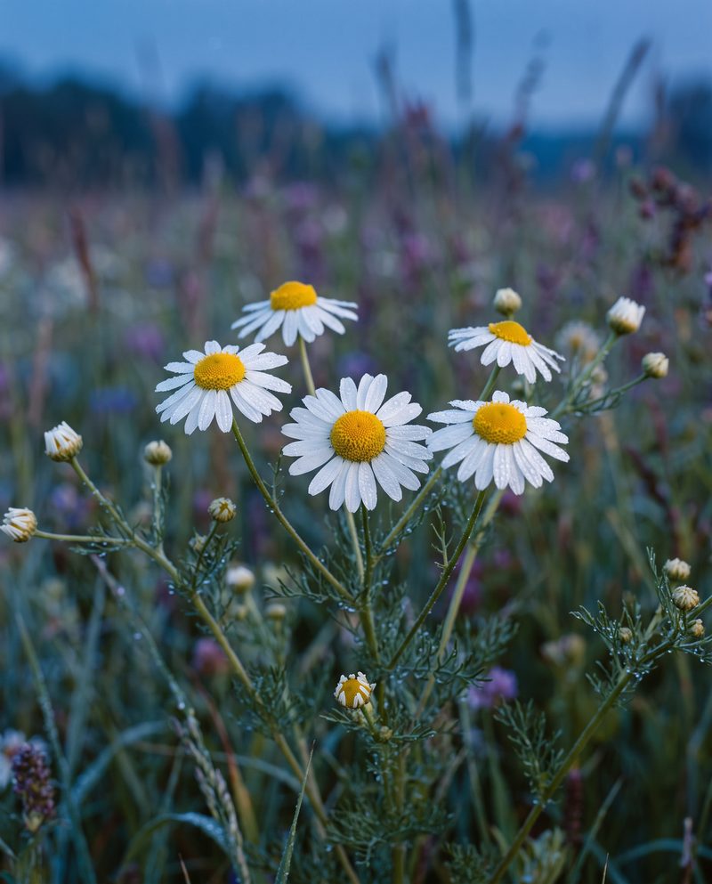Blüten der Römischen Kamille auf einer Wiese in der Dämmerung