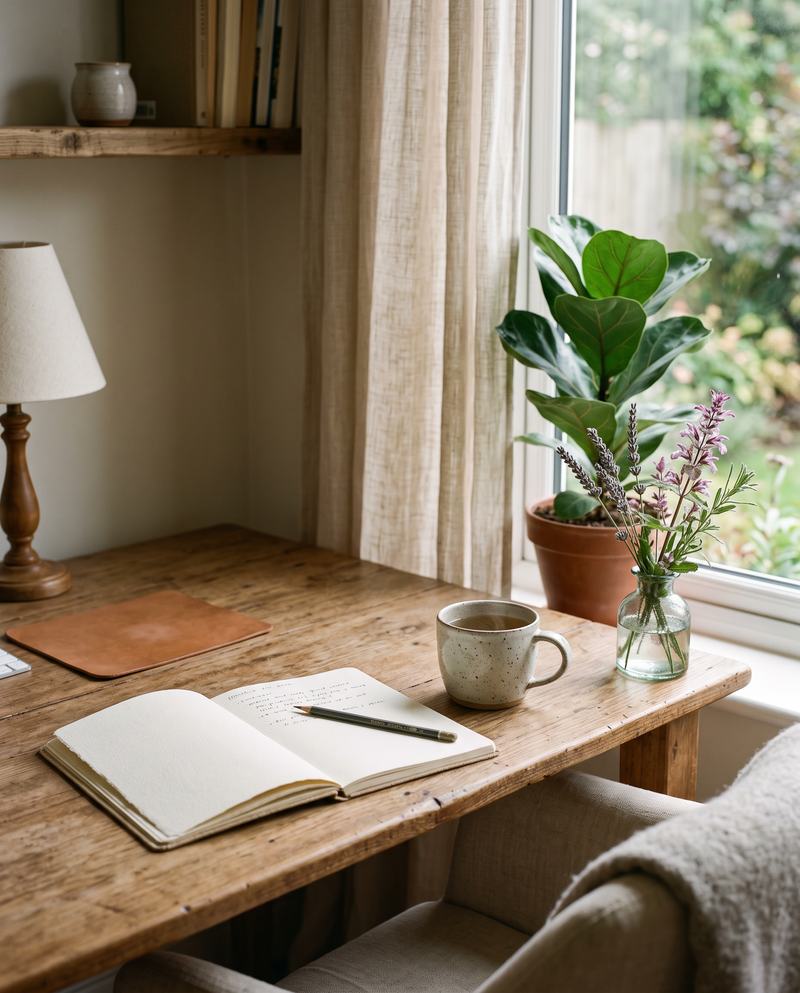 Ruhiger Schreibtisch am Fenster mit einer Tasse Tee, einem Notizbuch und einem Lavendelzweig