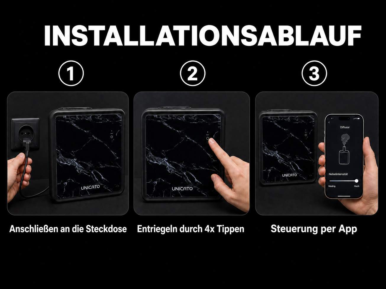 Installationsschritte MARBLE-M: an die Steckdose anschließen, Schloss entriegeln, Steuerung per App