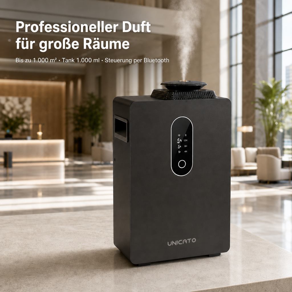 Diffusor Q1000-PRO mit UNICATO-Logo in einer Hotellobby