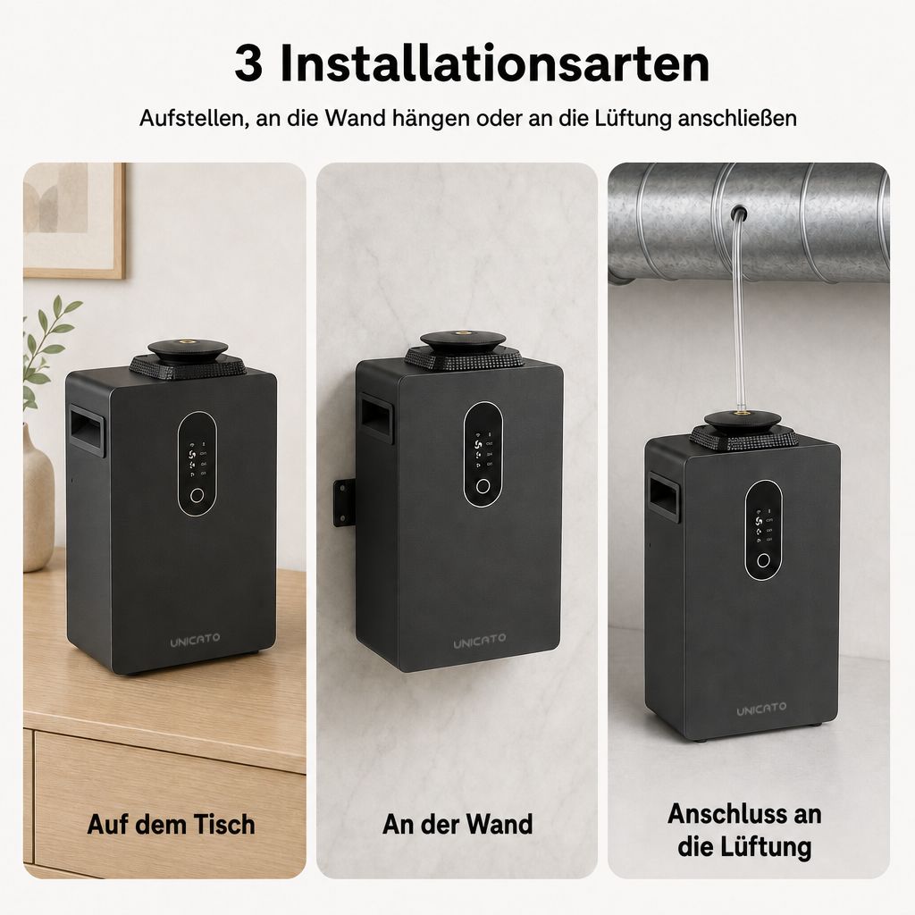 Q1000-PRO auf dem Tisch, an der Wand und mit Anschluss an die Lüftungsanlage