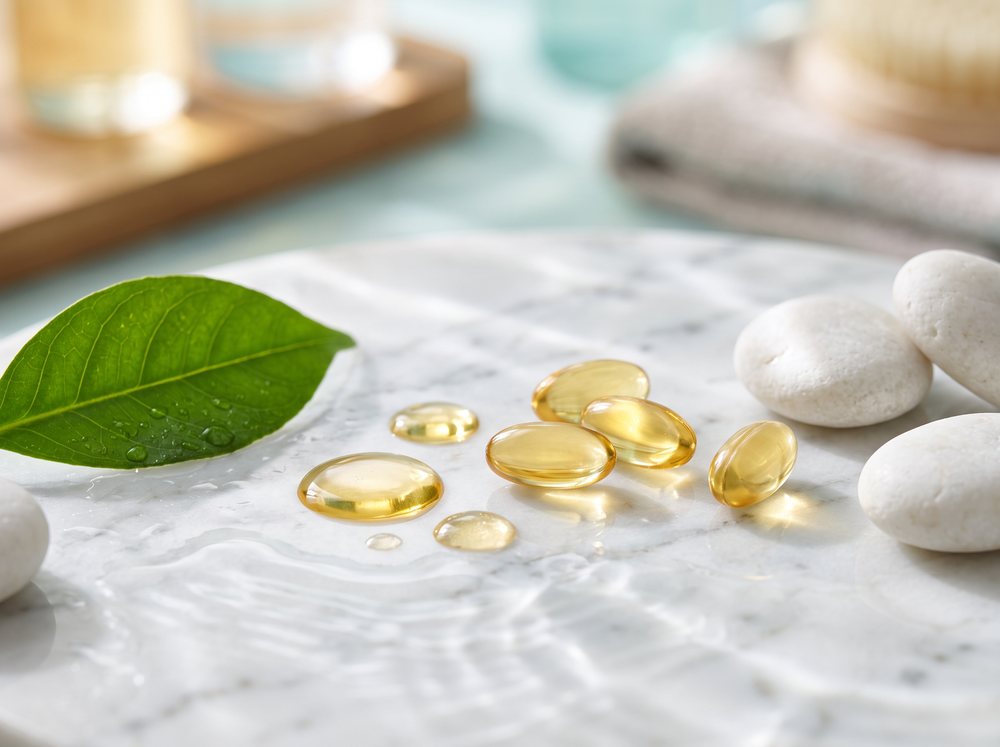 Goldene Öltropfen mit Vitamin E auf weißem Marmor