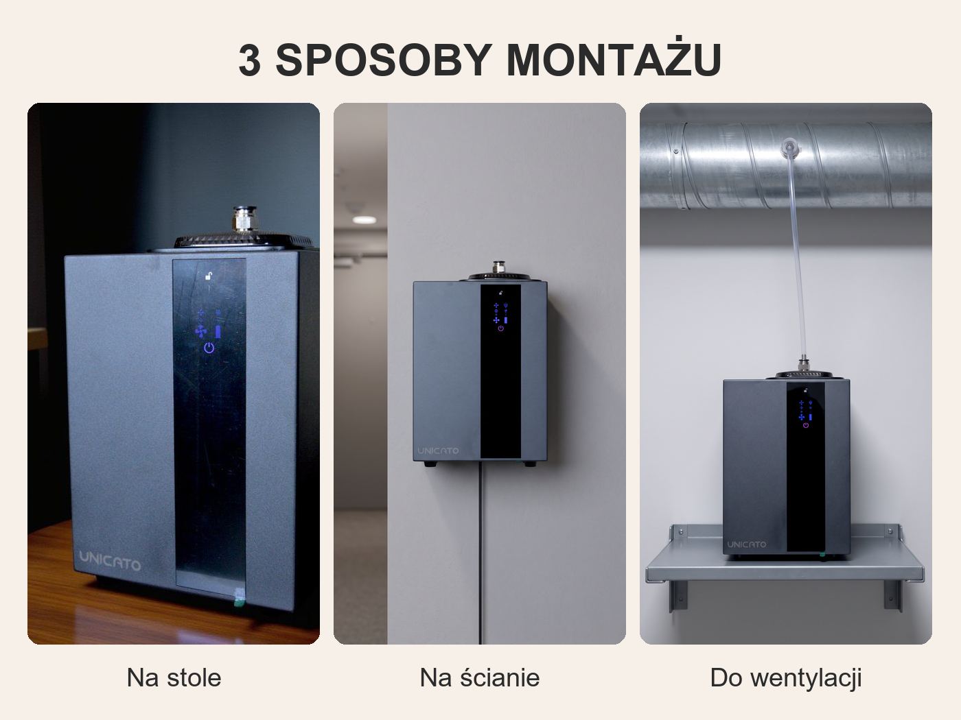 Trzy sposoby instalacji TORI A1000 – na stół, na ścianę, do wentylacji