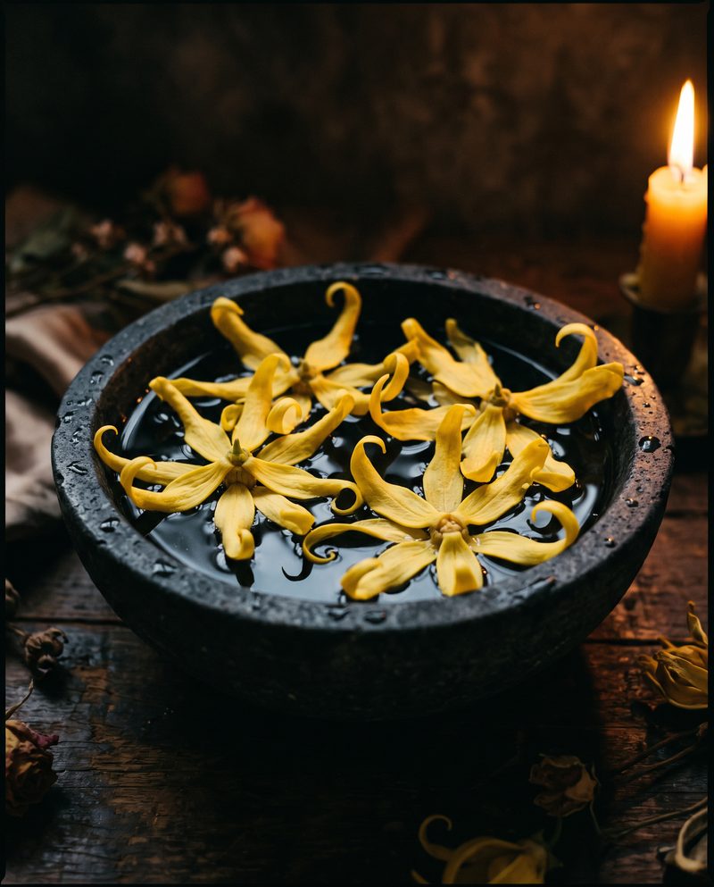 Flori de ylang-ylang pe luciul apei, într-un bol de piatră, lângă o lumânare