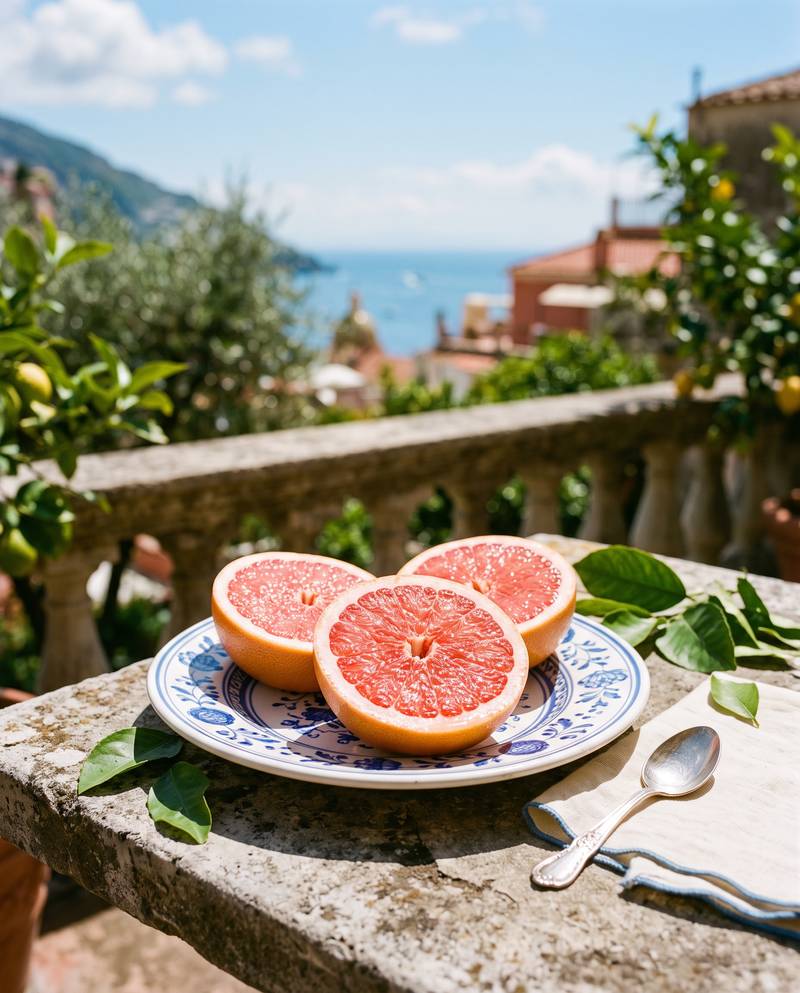 Grapefruit roz tăiat pe o farfurie italiană din ceramică