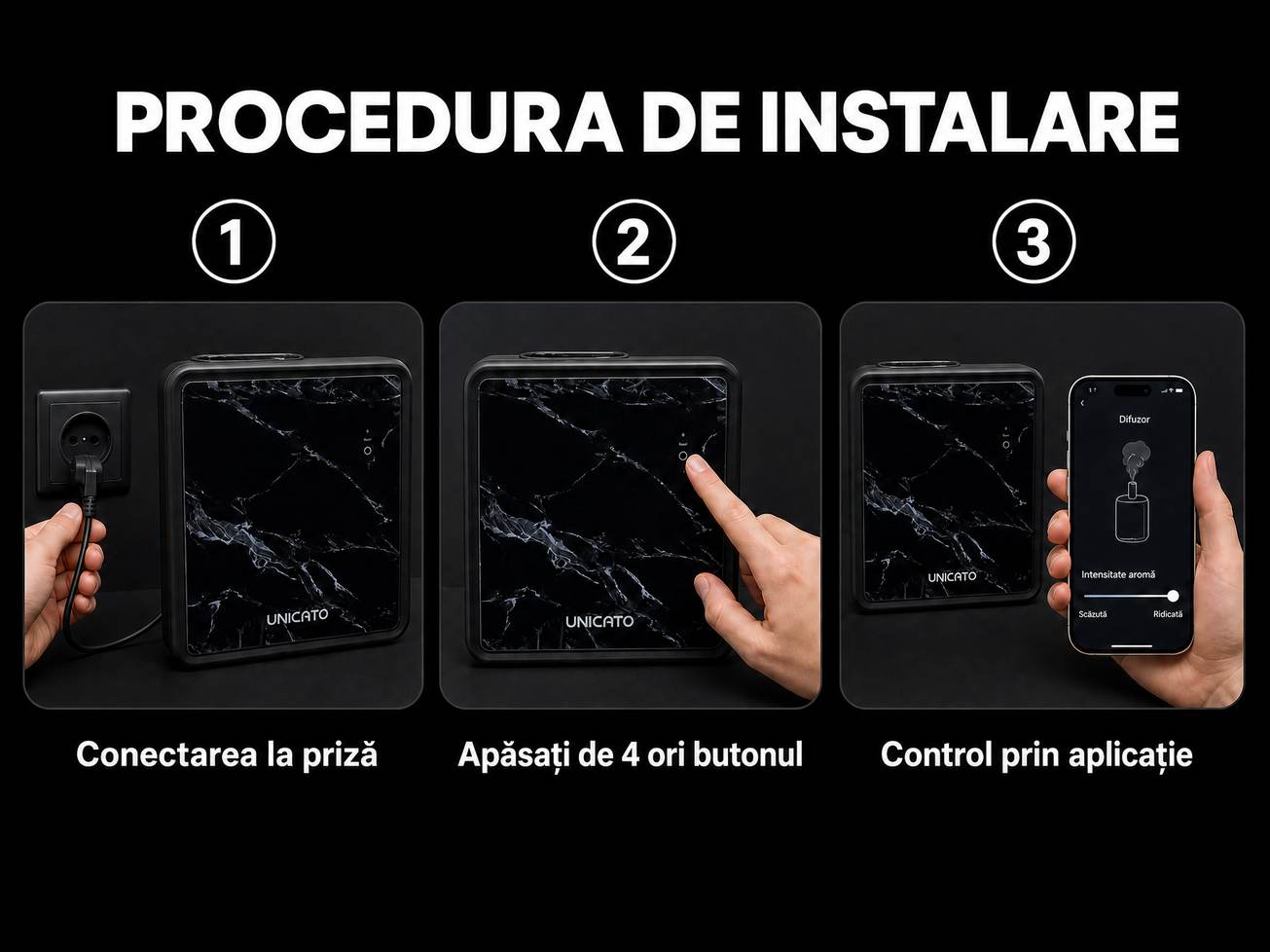 Pașii de instalare ai MARBLE-M: conectare la priză, deblocarea încuietorii, control prin aplicație