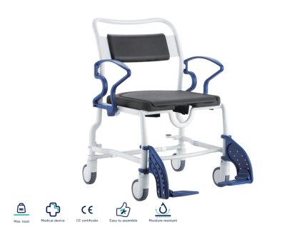 Toaletní a sprchovací vozík s toaletní nádobou, nosností 175 kg a šíří sedačky 58 cm