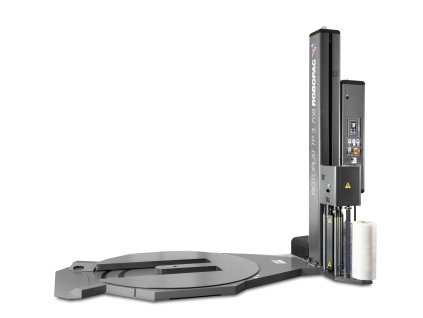 Nerezový ovíjecí stroj ROTOPLAT INOX TP3 - s výřezem v točně (Ovinovací stroj ROTOPLAT INOX TP3 PVS - s variabilním předepínáním fólie 0-400% a ovládáním napínání i předepínání z ovládacího panelu)