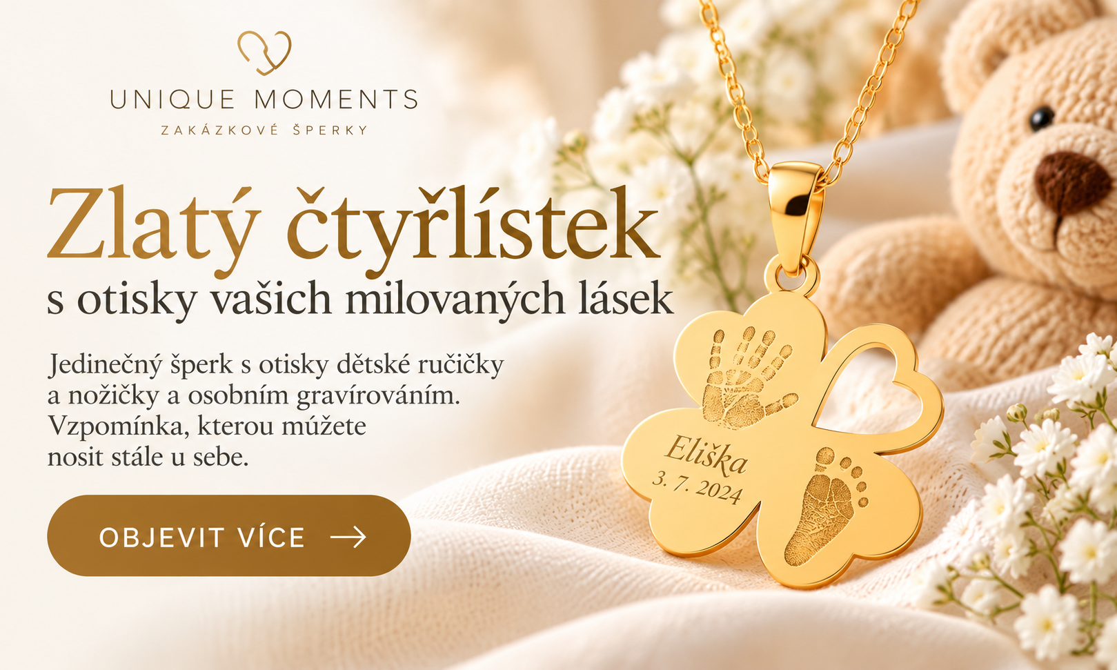 „Zlatý čtyřlístek s otisky ručičky a nožičky – Unique Moments“