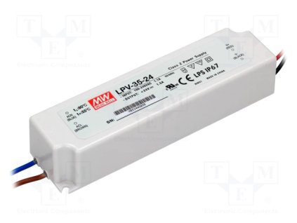 Napájací zdroj pre LED 24VDC, 36W, IP67, LPV-35-24V-IP67-MW, PLU LP19