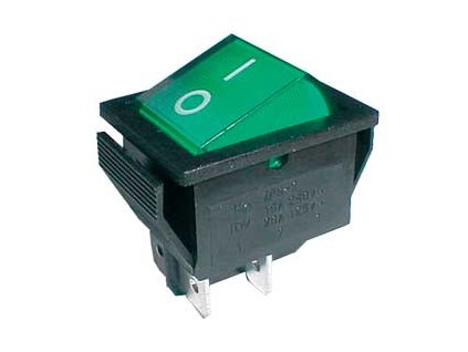 Prepínač kolískový 2pol./4pin ON-OFF 250V/15A pros. zelený