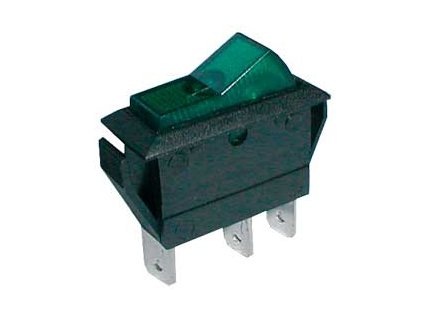 Prepínač kolískový 2pol./3pin ON-OFF 20A/12VDC pros. zelený