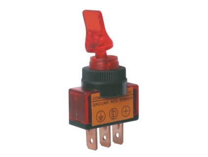 Prepínač páčkový 2pol./3pin ON-OFF 12VDC prosv. červený