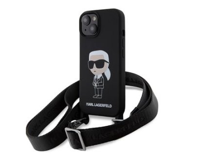 Karl Lagerfeld Liquid Silicone Crossbody Popruh Ikonik Zadní Kryt pro iPhone 15 Black