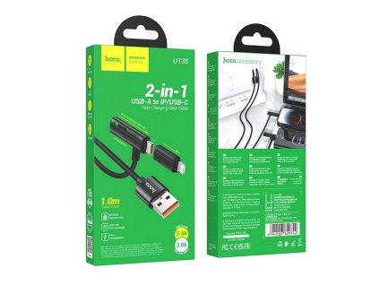 hoco u135 datovy kabel 2v1 cerny usb a usb c nebo lightning